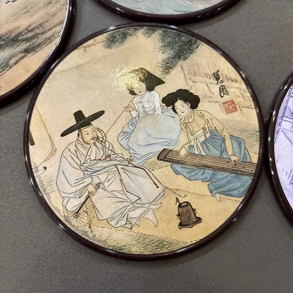 Six Korean Coaster Set With Sin Yun Bok Art Detailed Korean Scenes Laminate Cork